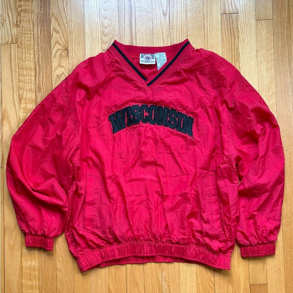 Vintage Wisconsin Badgers Genuine Stuff Mens V-Neck Windbreaker XL Red Black